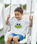 Kermit-ansikte med stora ögon och leende på gråmelerad barn-t-shirt.