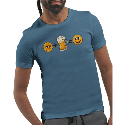 Modell i en blå t-shirt med smileys och en ölsejdel som bildar en ekvation.