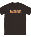 Lekfull illustration av ordet pannkaka format som gräddade bakverk på en brun t-shirt