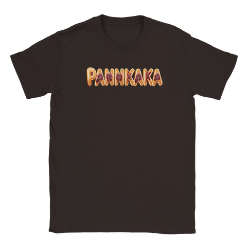 Lekfull illustration av ordet pannkaka format som gräddade bakverk på en brun t-shirt