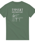 Militärgrön t-shirt med grafisk illustration av hamnkranar i Göteborgsstil