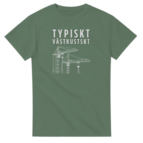 Militärgrön t-shirt med grafisk illustration av hamnkranar i Göteborgsstil