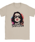Pop art motiv av kvinna i solglasögon på en sandfärgad t-shirt