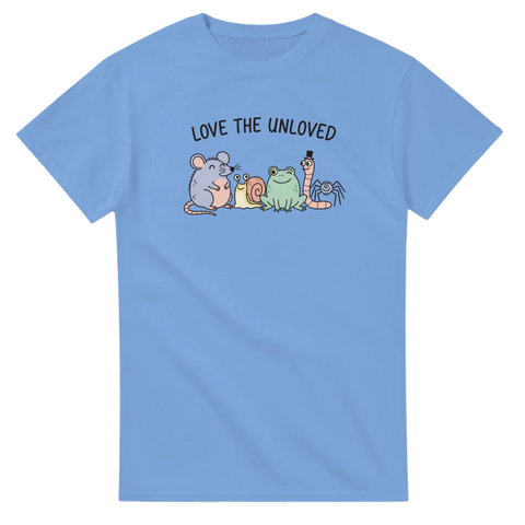 Love the Unloved t-shirt med gulliga djur och text – blå