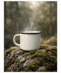 En vit emaljmugg med rykande varmt kaffe på en mossig sten i en suddig grön skog.