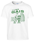 Retro fotbollsillustration med texten I Like GAIS på vit barntröja