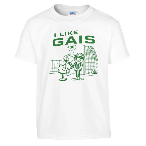 Retro fotbollsillustration med texten I Like GAIS på vit barntröja