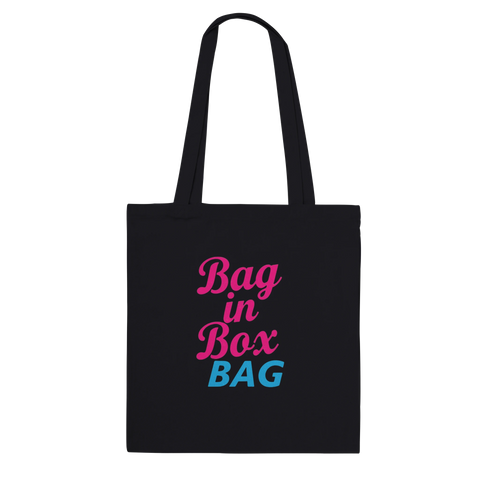 Bag in Box BAG-tryck i rosa och blått på svart tygkasse.