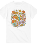 Vintage illustration med blommor och sol för allergiker på en vit t-shirt