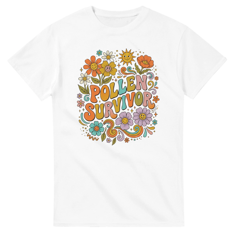 Vintage illustration med blommor och sol för allergiker på en vit t-shirt