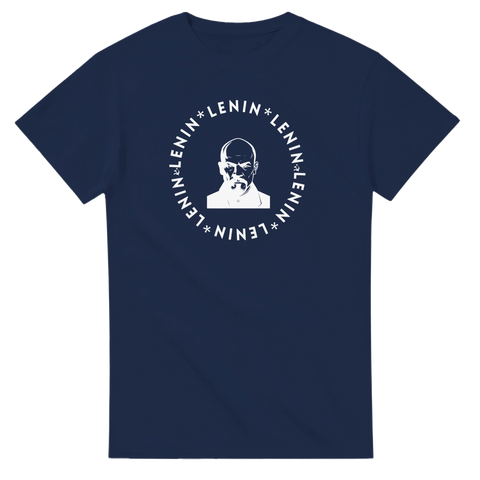 Vit cirkeldesign föreställande Lenin – mörkblå t-shirt för historieintresserade