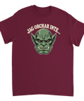 Vinröd t-shirt med ett grönt orchansikte och texten Jag orchar inte.