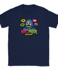 Brainrot NPC-tryck med maskerad figur, text "NPC MODE brainrot" och pratbubblor på mörkblå t-shirt.