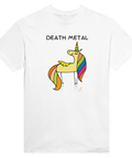 Illustration av färgglad enhörning med texten Death Metal – vit t-shirt