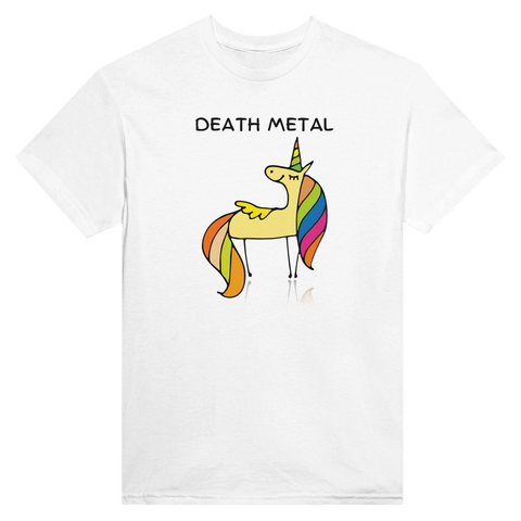 Illustration av färgglad enhörning med texten Death Metal – vit t-shirt