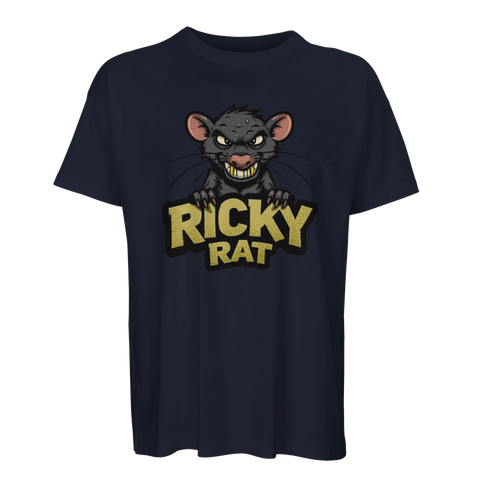 Illustrerad t-shirt med en aggressiv råtta och texten Ricky Rat