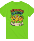 T-shirt with three partying chickens and the Swedish text “Här kommer gänget – Möhippa”