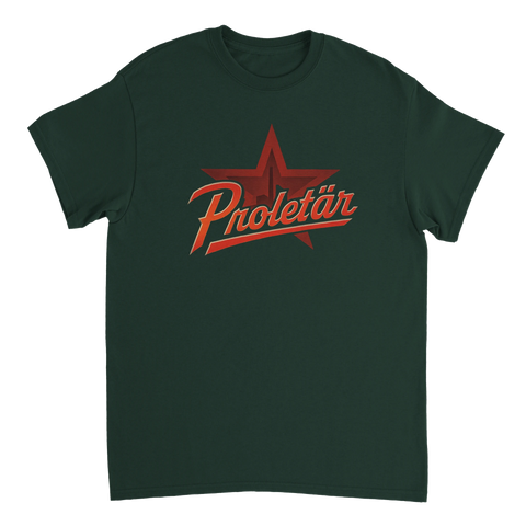 Mörkgrön t-shirt med grafiskt motiv av en klassisk röd stjärna och texten Proletär.