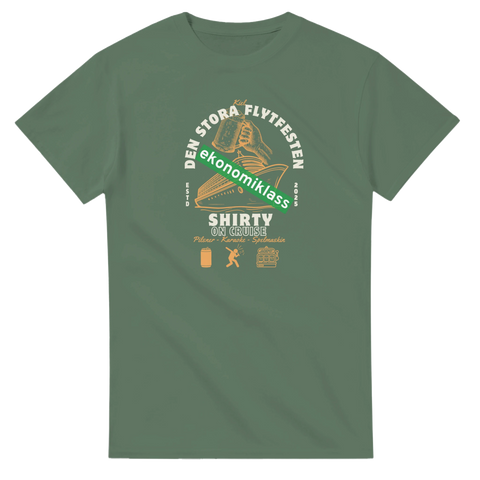 Militärgrön t-shirt med ironisk design inspirerad av klassiska Finlandsfärjor