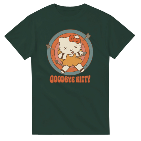 Mörk humoristisk illustration Goodbye Kitty – mörkgrön t-shirt i retrostil
