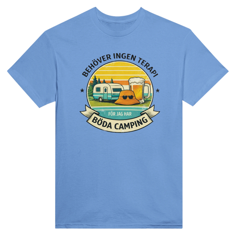 Vintage illustration av campingliv och solnedgång på blå t-shirt