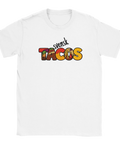 Vit t-shirt med lekfull illustration av tacos fylld i bokstäver