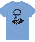 Stilren illustration av statsminister Tage Erlander – ljusblå t-shirt i vintage-stil
