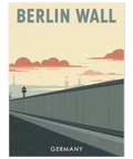 Närbild på en travel poster föreställande Berlinmuren och Tyskland i dämpade färger med texten Berlin Wall.