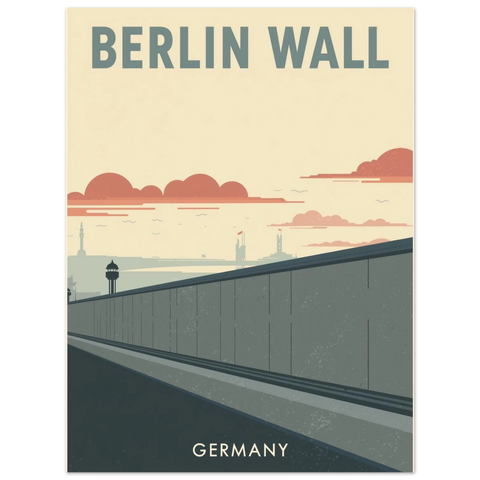 Närbild på en travel poster föreställande Berlinmuren och Tyskland i dämpade färger med texten Berlin Wall.