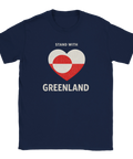 Marinblå t-shirt med hjärtformad grönländsk flagga och texten Stand with Greenland