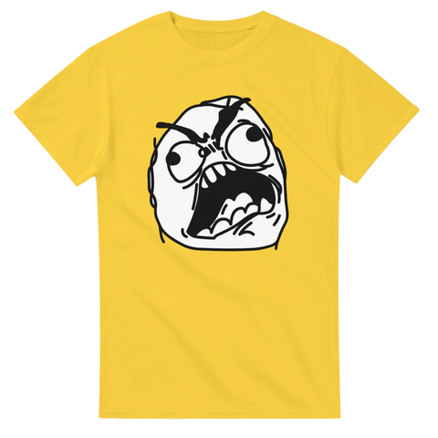 Klassisk Rage Guy meme illustration på en gul t-shirt