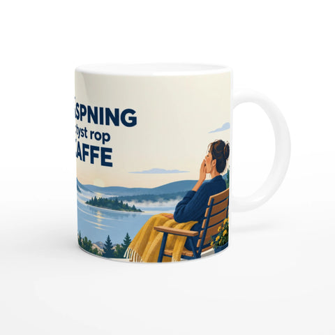 Illustration av gäspande kvinna vid en sjö – grafisk kaffemugg