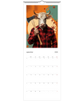 Lumberjack-ko med yxa på höstbakgrund, satirisk Väggkalender 2026.