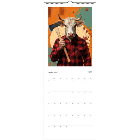 Lumberjack-ko med yxa på höstbakgrund, satirisk Väggkalender 2026.