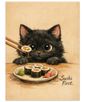 Illustration av en fluffig svart katt som tittar på en tallrik sushi med stora nyfikna ögon på beige bakgrund.