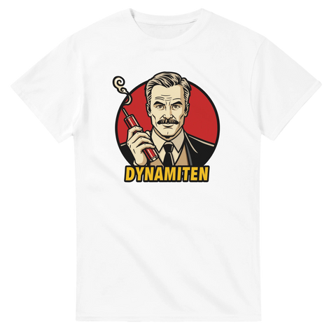 Klassisk pop art design föreställande uppfinnare med sprängämne – vit t-shirt