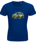 Blå barn-t-shirt med en svensk polisbil och färgstänk