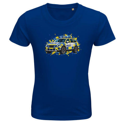 Blå barn-t-shirt med en svensk polisbil och färgstänk