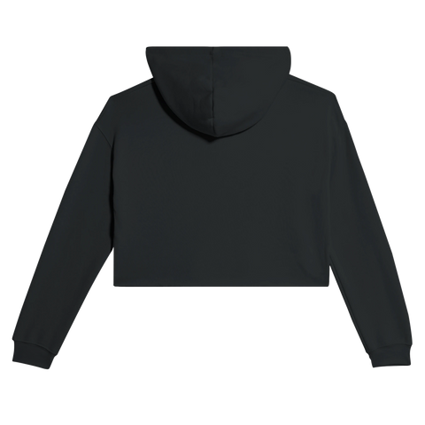 Svart croppad hoodie sedd bakifrån med fokus på rå fåll
