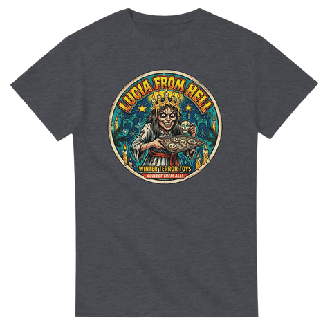 Satirisk Lucia med brinnande ljuskrona och vintage estetik – t-shirt i antracit