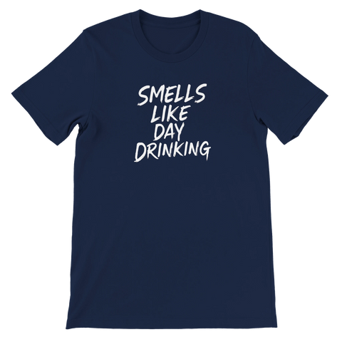 Marinblå t-shirt med grafisk text i vit handskriven stil