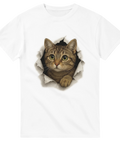 Vit t-shirt med samma 3D-kattmotiv: katten bryter sig ut ur tröjan.

