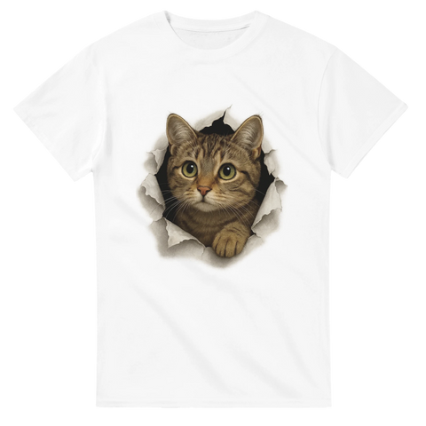 Vit t-shirt med samma 3D-kattmotiv: katten bryter sig ut ur tröjan.

