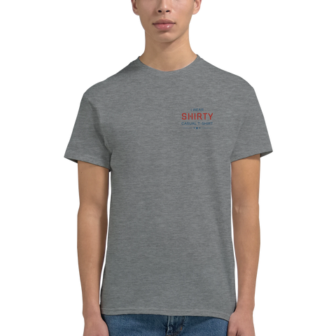 Grafiskt logotryck Shirty Casual på en gråmelerad t-shirt i bomull