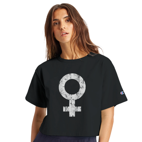 Cropped dam-tshirt från Champion med stilren grafisk kvinnosymbol