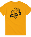 T-shirt med rolig texten Fetknopp och stilren kontur av rund maskot michelingubben – minimalistisk humortröja i unisexmodell.