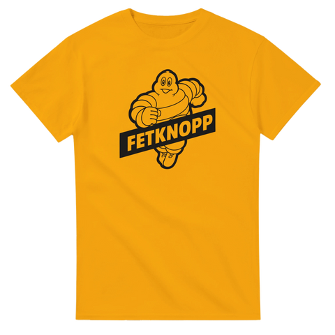 T-shirt med rolig texten Fetknopp och stilren kontur av rund maskot michelingubben – minimalistisk humortröja i unisexmodell.