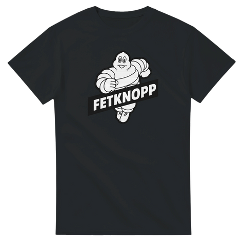 Humoristisk T-shirt med texten Fetknopp och en tecknad rund maskot som springer – perfekt rolig present eller partytröja.