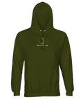 Vitt Skitfiske-hook motiv på olivgrön premium hoodie.