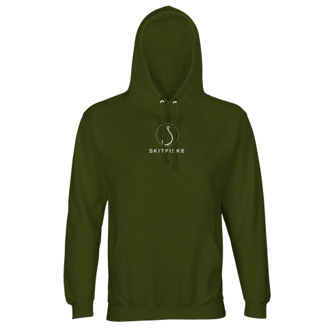 Vitt Skitfiske-hook motiv på olivgrön premium hoodie.